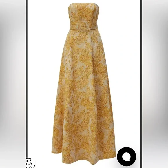 Yellow jacquard strapless gown